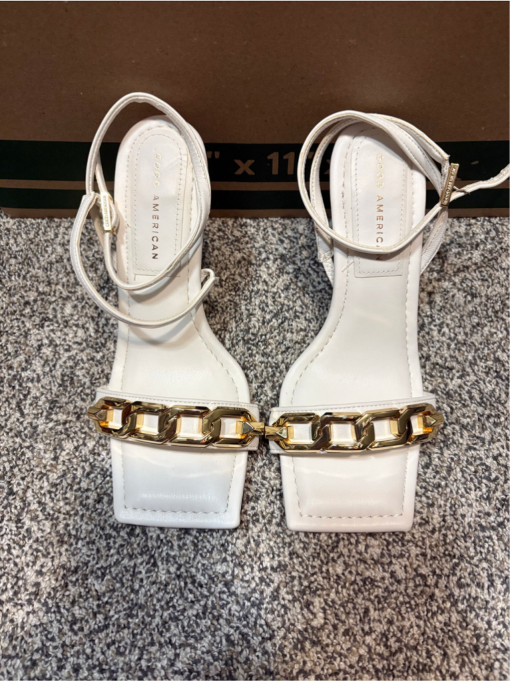 Good American Size 7 Square Toe White Heels with Chain Accent